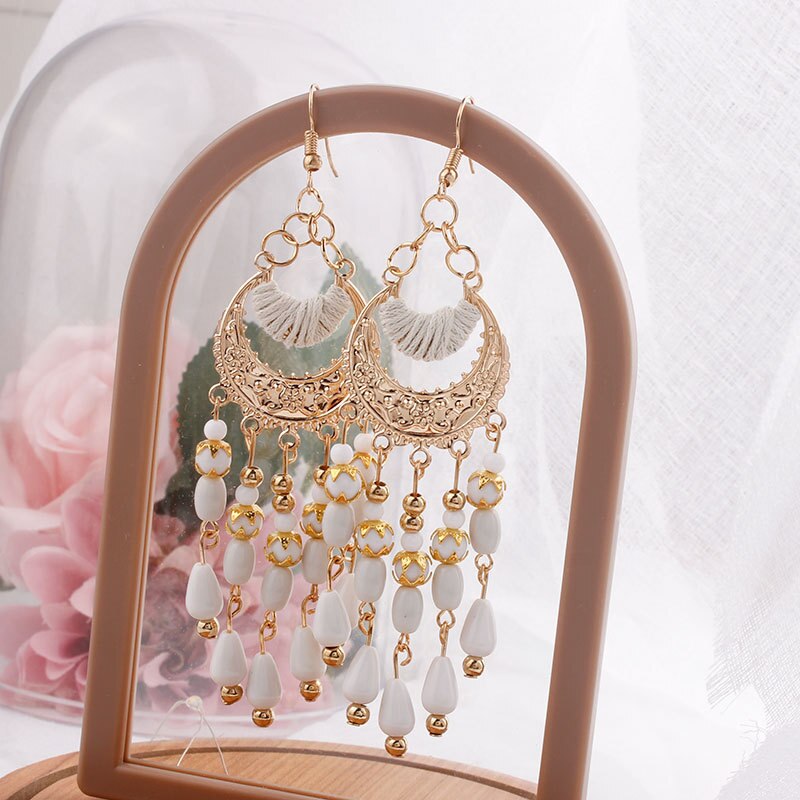 Pendientes colgantes de flores bohemios para mujer, aretes largos de acrílico con cuentas y borlas, joyería de boda,: E1795-White