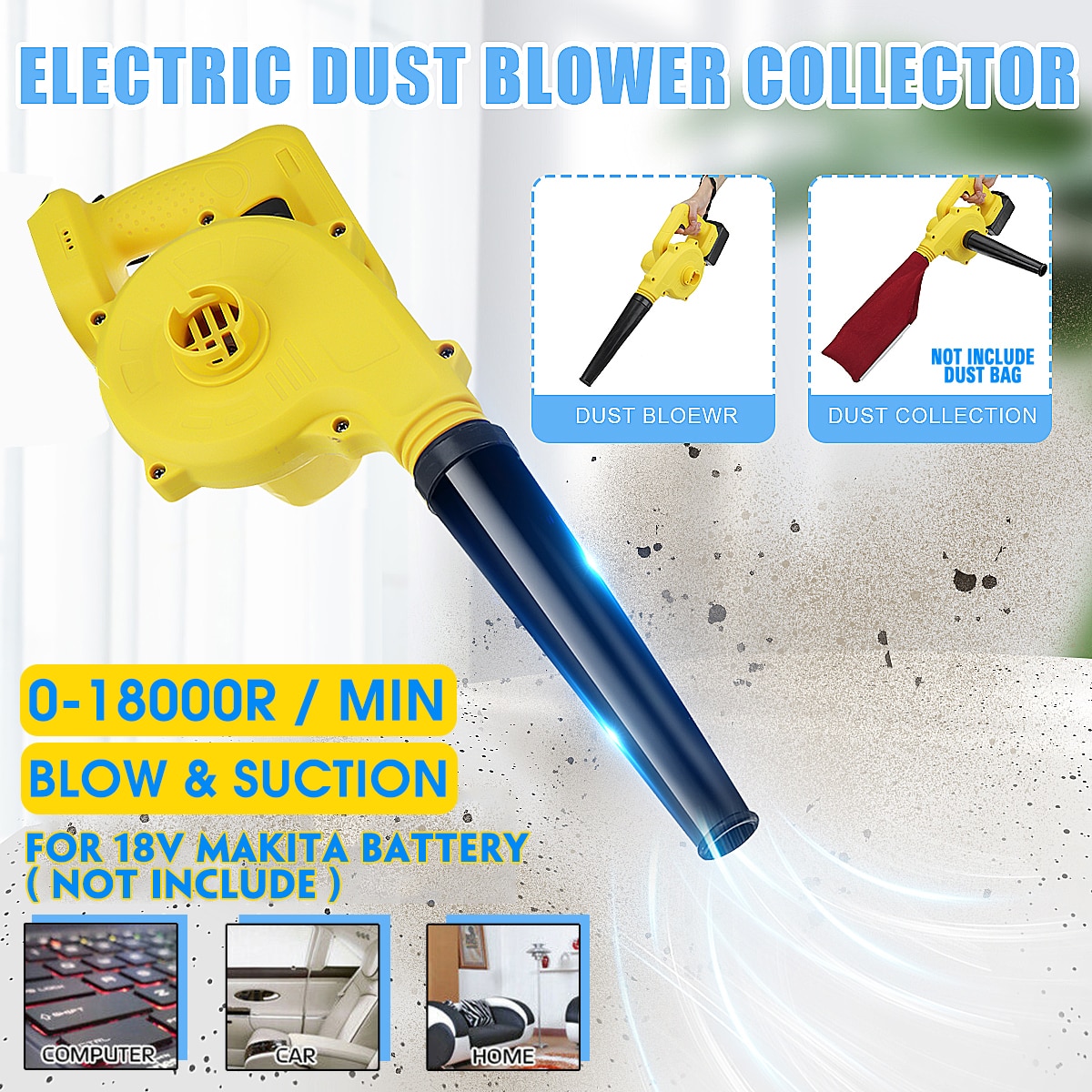 Drillpro soplador de aire eléctrico inalámbrico, soplador de hojas de mano y herramienta de succión de polvo de ordenador CollectorCleaner para batería Makita 18V