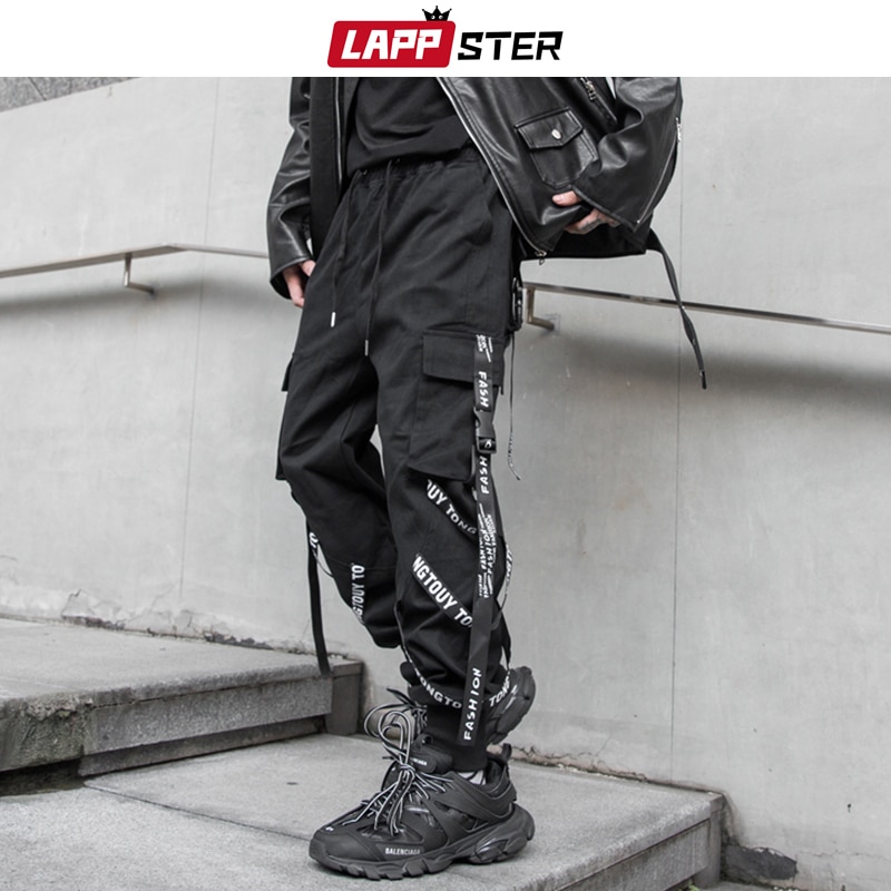 Lappster herr japansk streetwear cargo byxor herr band hip hop overall joggingbyxor man svart mode träningsbyxor