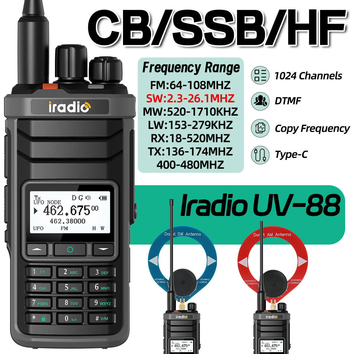 Iradio UV-88 Walkie Talkie Shortwave Radio Multi Band HF CB SSB AM Type-C DTMF LSB CW LW MW SW 1024 Channels