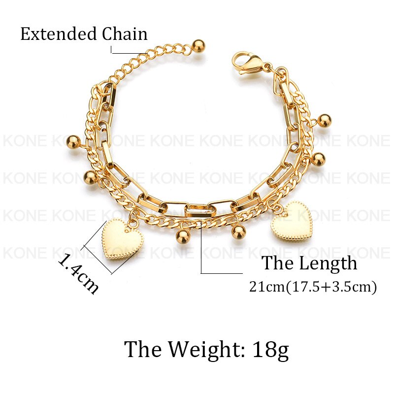 Uzone Rvs Dubbele Laag Kralen Hart Armbanden & Bangles Charm Link Armbanden Voor Vrouwen Liefde Gouden Ketting Sieraden