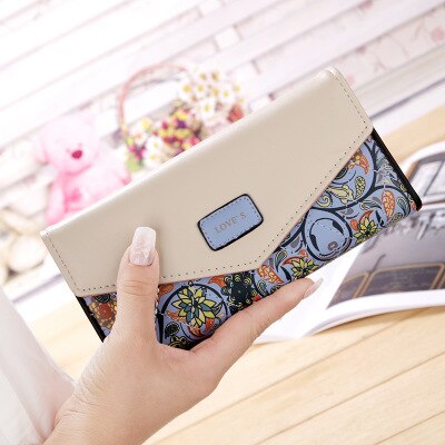 Envelope Women Wallet Hit Color 3Fold Flowers Printing PU Leather Wallet Long Ladies Clutch Coin Phone Purse: Blue