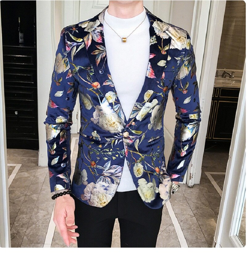 Mænds skinnende blomster trendy slankt jakkesæt blazer herre turn-down langærmet print blomstret natklub perform jakkesæt