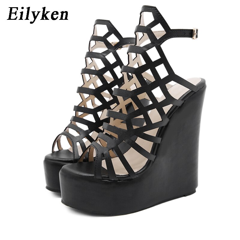 Sandalias romanas con plataforma para mujer de Eilyken, zapatos de vestir para mujer con tacón de cuña y hebilla en el tobillo con punta abierta de cuero PU A LA: 35