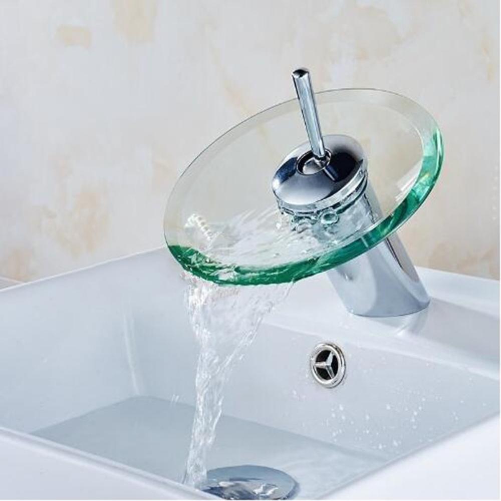 Glass Basin Faucet Glass Waterfall Bathroom Kitchen Sink Round Faucet Brass Chrome Basin Faucet and Cold Single Lever Faucet