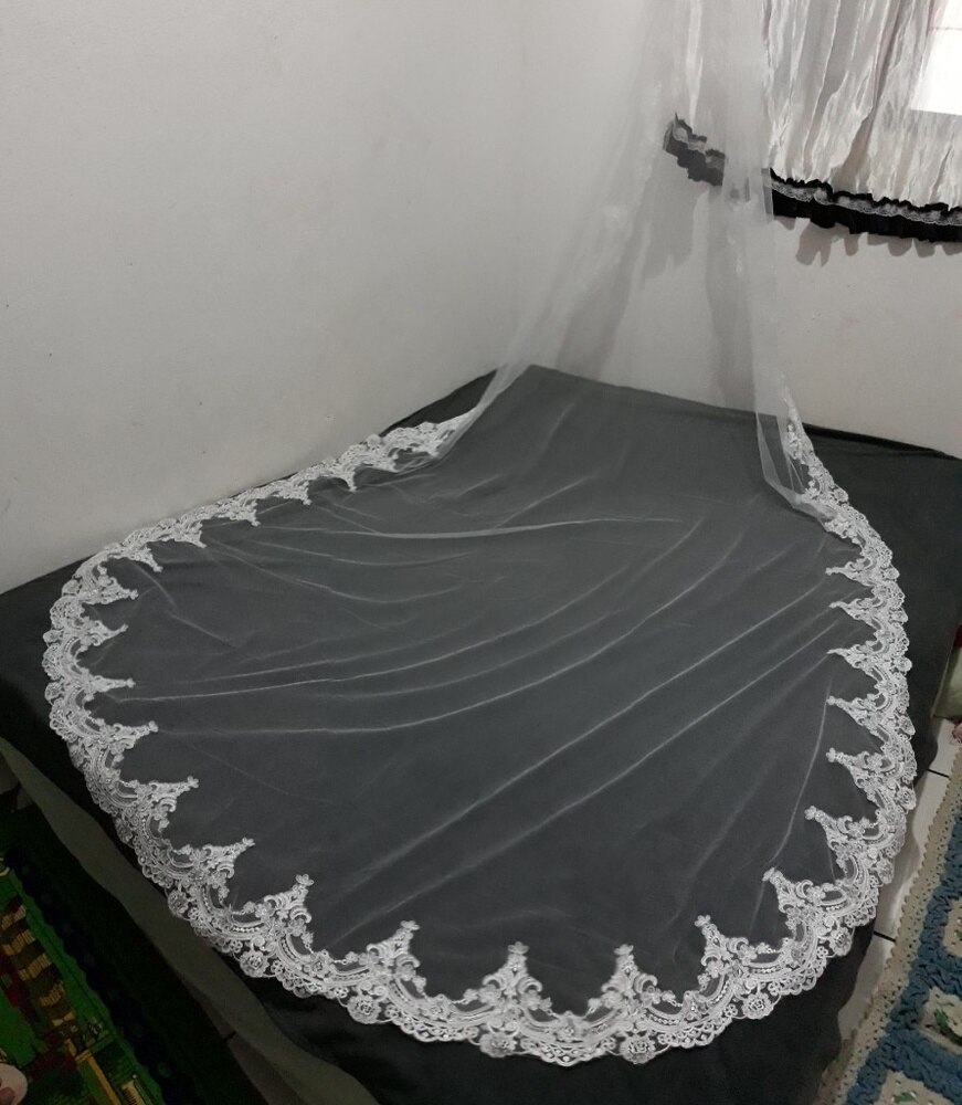 Wit/Ivoor 3 M/5 M Kathedraal Lengte Lace Edge Bridal Hoofd Sluier Met Kam Lange Bruiloft Sluier accessoires velos de novia