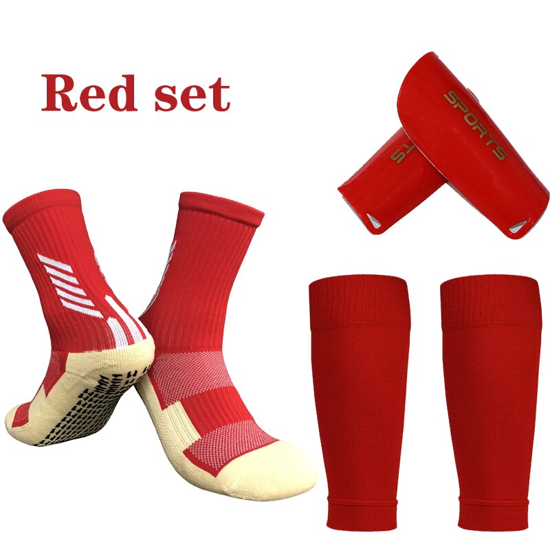 Un Set di manicotti parastinchi ad alta elasticità per calcio adulti bambini calzettoni copri Legging professionale equipaggiamento protettivo sportivo: Red set / Adults(45-75kg)