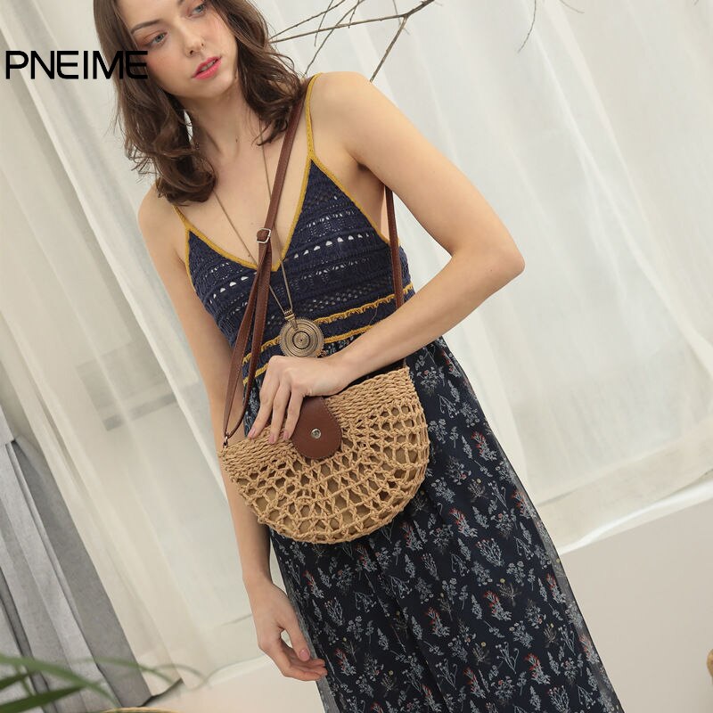 Women Diagonal Bag Hollow Hand-Woven Bag Europe and the United States All-Match Shoulder Bag Semi-Circular Straw Woven Bag