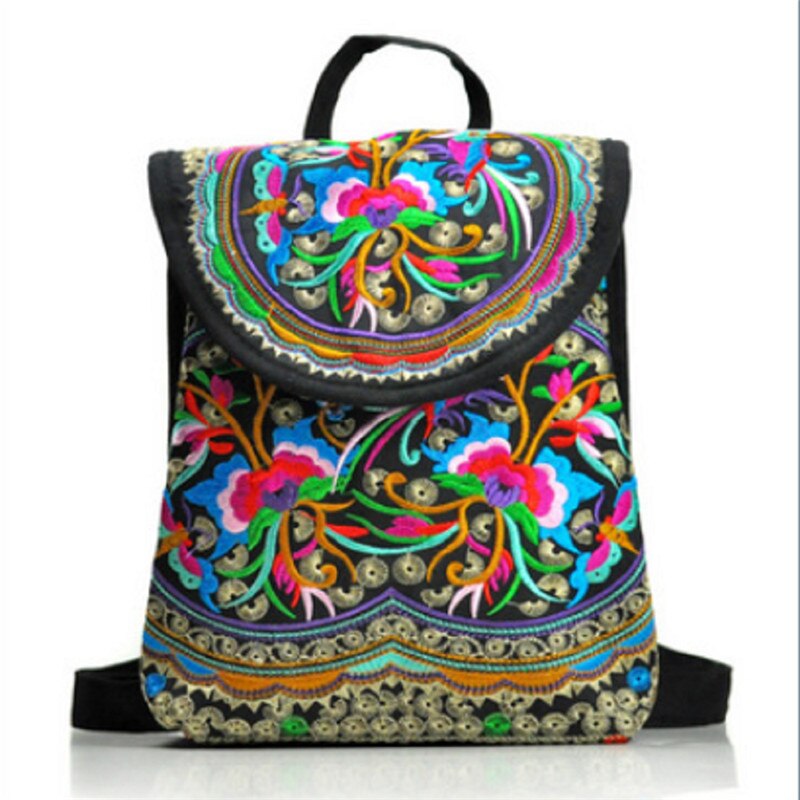 Vintage Floral Peony Embroidery Ethnic Canvas Backpack Women Handmade Travel Bags Schoolbag Backpacks Rucksack: D / Large