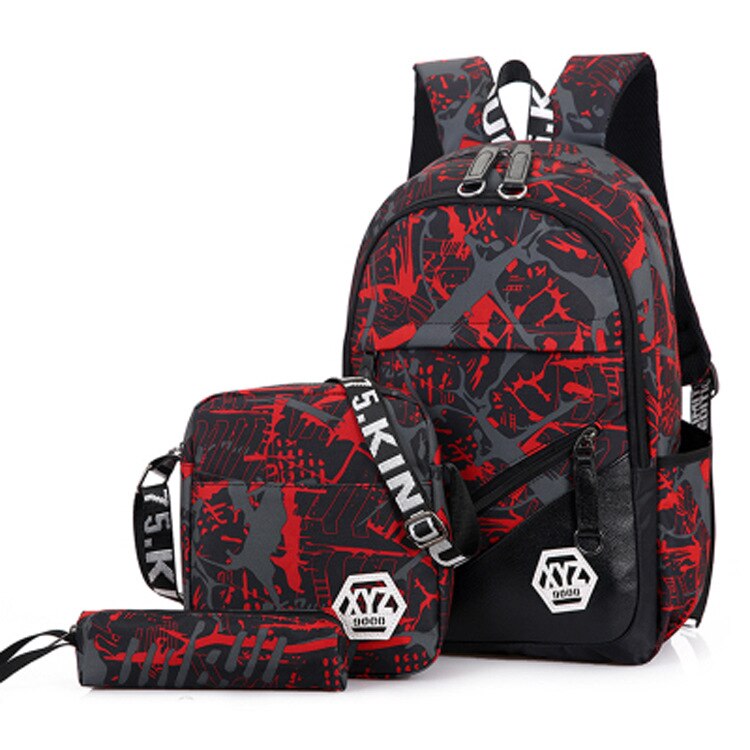 3pcs/Set Men Travel Backpacks Camouflage Printing School Bag Backpack Canvas School bags for Teenage Boys Students Bag back: red