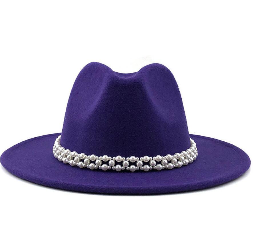 Women Wool Fedora Hat with Imitation Pearl Ribbon Gentleman Lady Winter Autumn Wide Brim Church Girl Jazz Cap