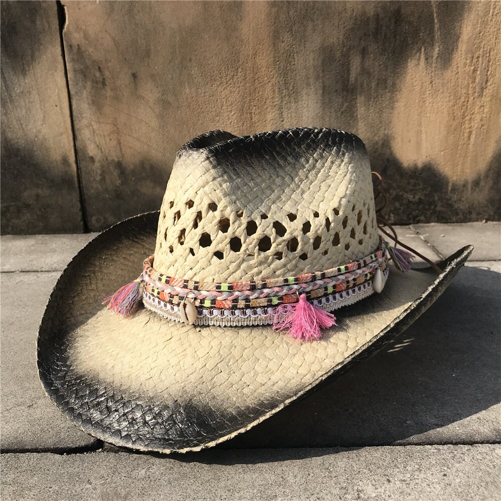 Kvinder hule vestlige cowboy hat sommer dame sejlere sombrero hombre hat fascinator kvast solbue sol hat: Sort heg