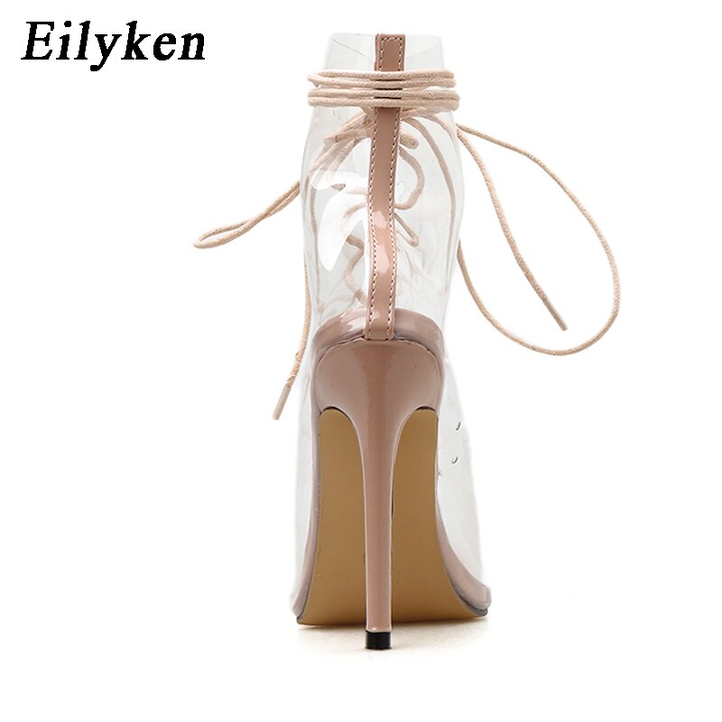 Eilyken kesäiset pvc-saappaat sandaalit, nauhalliset, ristikkäin sidotut, teräväkärkiset, korkeat korot, nilkkaremmillä varustetut läpinäkyvät sandaalit