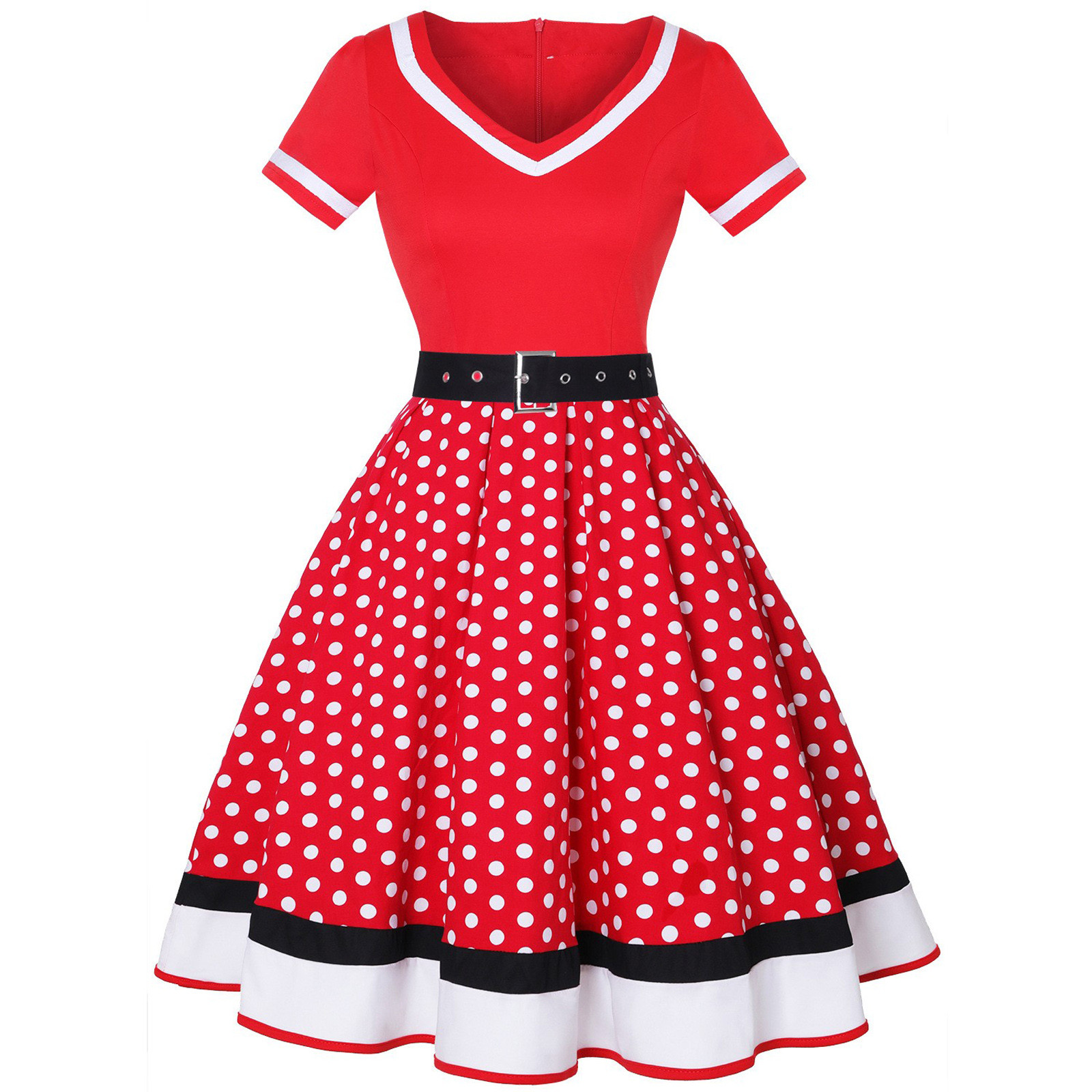 Vintage Women's Hepburn Dress Short Sleeve V Neck Polka Dot Swing Cocktail Dress 50s Rockabilly Female A-Line Dress: XL / Red