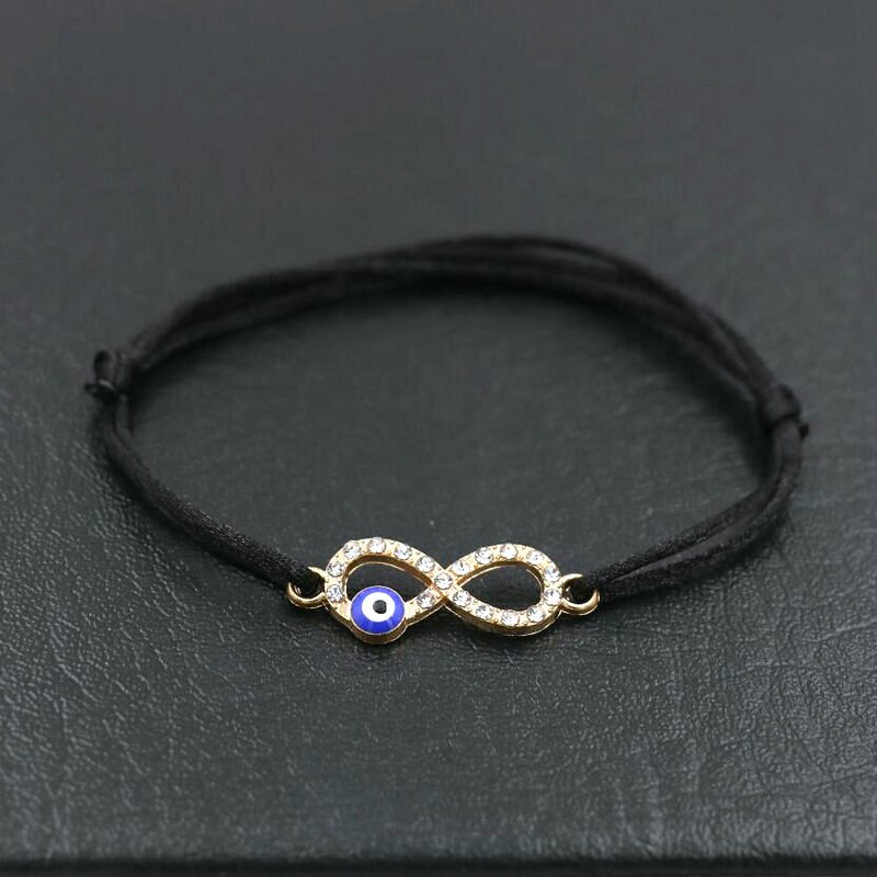 Pulsera con abalorios de circonia cúbica Infinity 8 para hombre y niña, cuerda de hilo de cuerda roja, pulseras para parejas, para niños y mujeres: 8 eye black gold