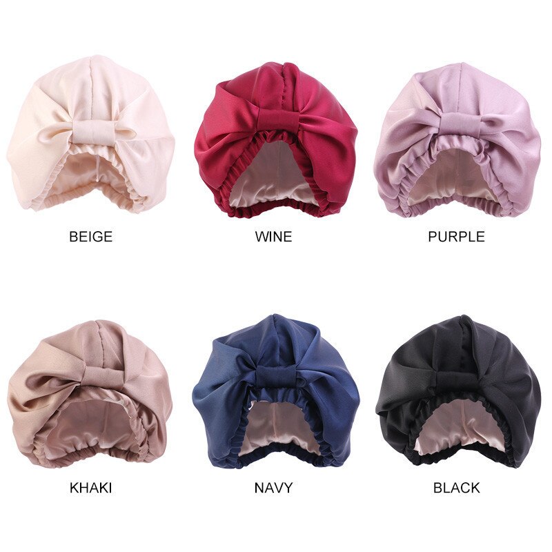 Vanligt fast satin silkeslent hår turban imitation siden dubbelskikt natt sömn mössa knutna huvud täcka hem hatt kemo mössor tb -166