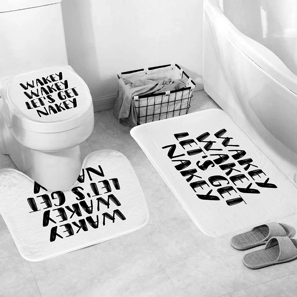 Sjovt badeværelsesmåttesæt med bruseforhæng 'wakey wakey let's get nakey' 4- delt toiletbetræk skridsikkert tæppe til badeværelsesindretning