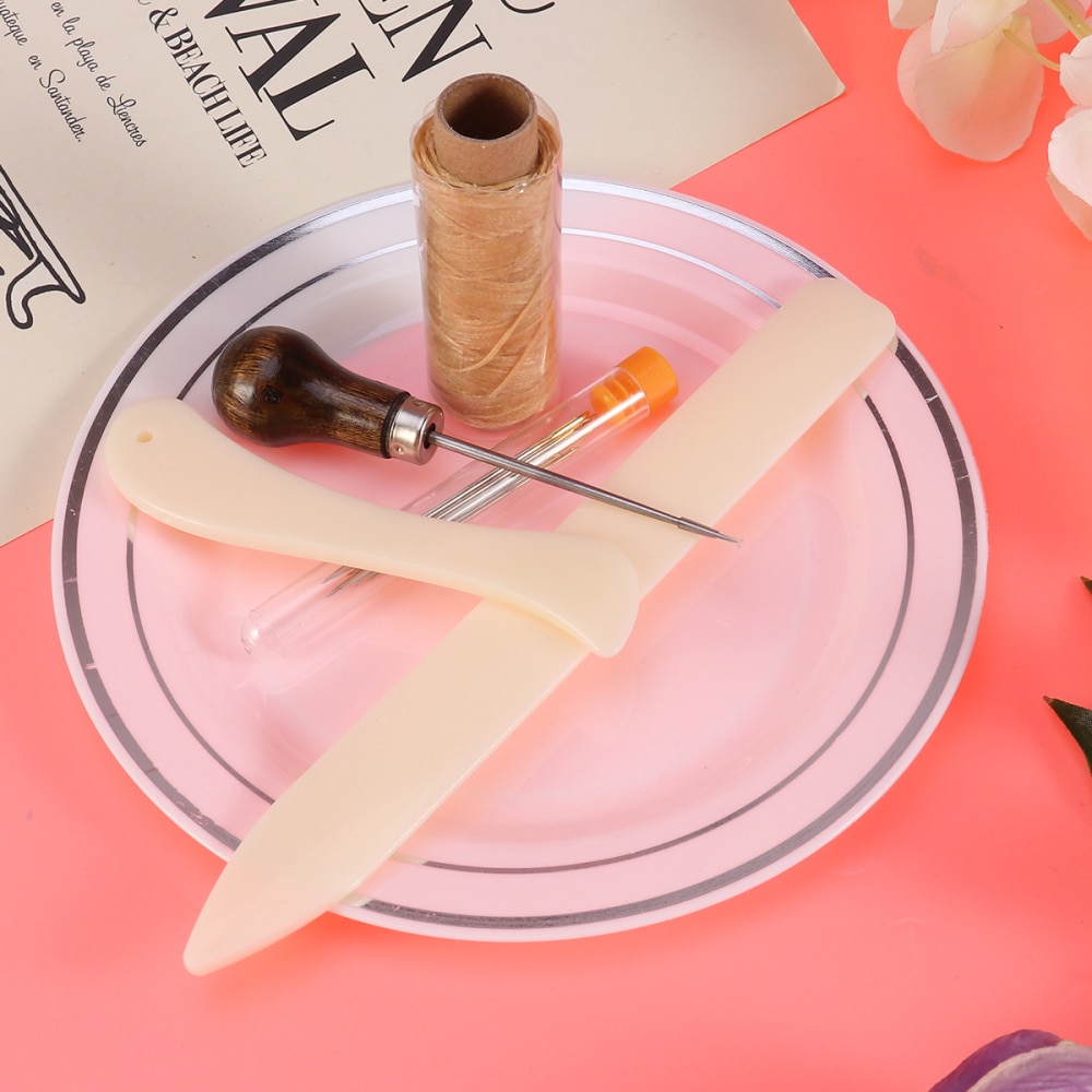 10PCS/Set Bookbinding Tools Set Bone Folder Creaser Waxed Linen Thread Wood Handle Awl Large-eye Needles for Handmade Books Book