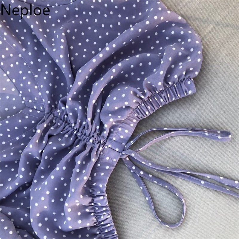 Neploe coréen Ins col en V pull cordon courte Blouse femmes bouffée à manches courtes Dot imprimer Blusas été chemise