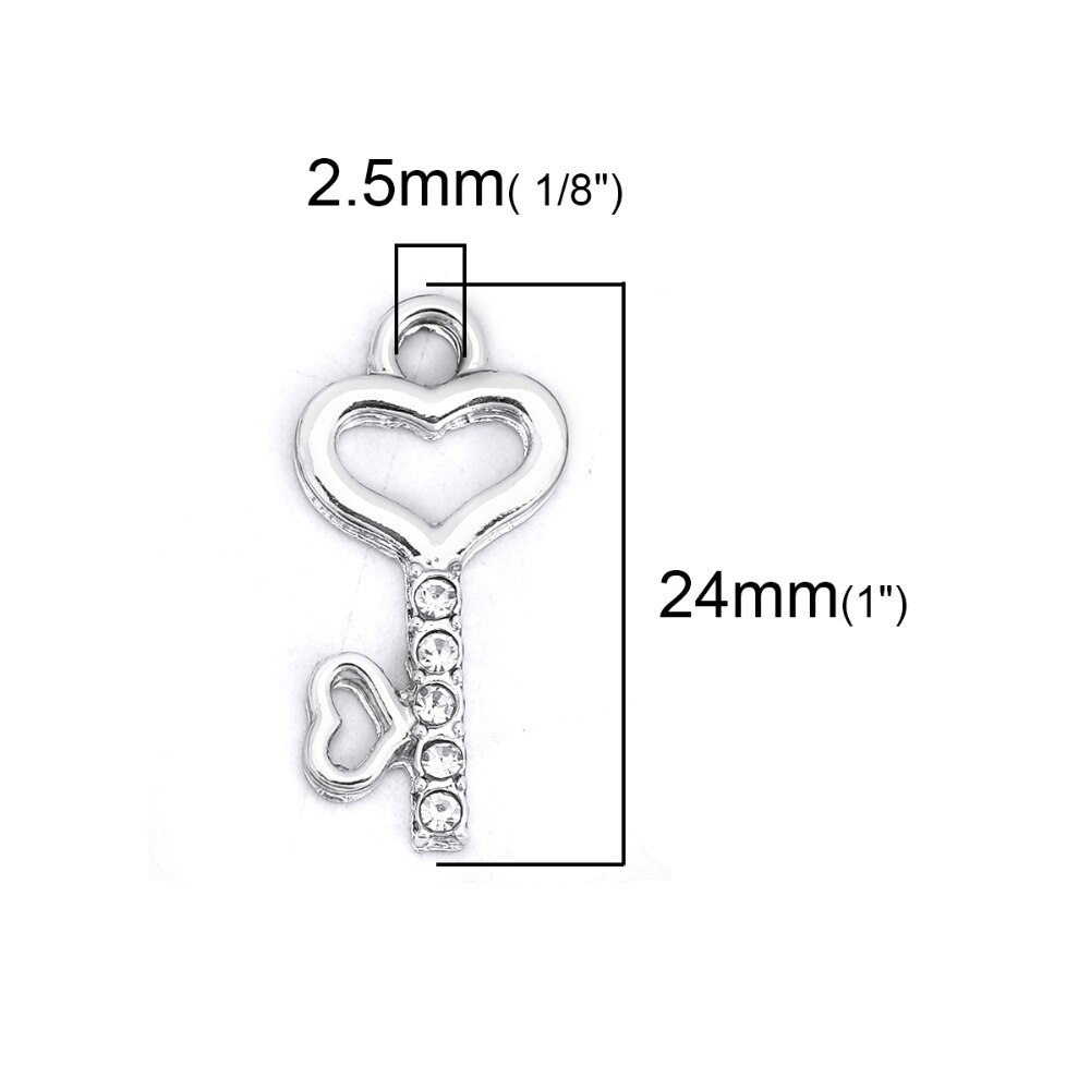 DoreenBeads Zinc Based Alloy Pendant Key Silver Plated Heart Clear Rhinestone DIY Charms 24mm(1") x 12mm( 4/8"), 20 PCs