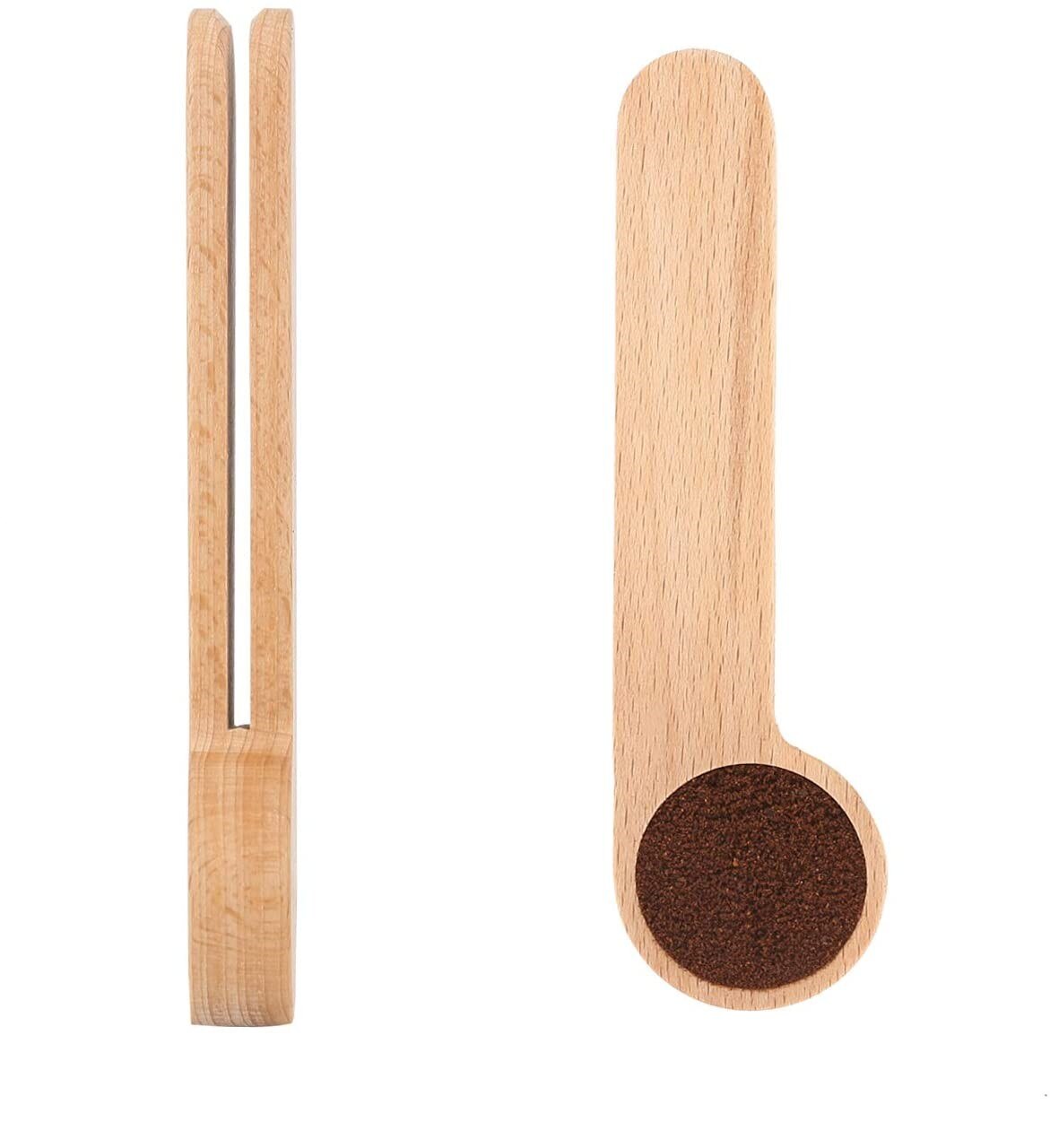 Cuchara de café molido, cuchara de madera para café, 1 cucharada, cuchara medidora de madera de haya, Clip largo para bolsa de sellado de mango de madera