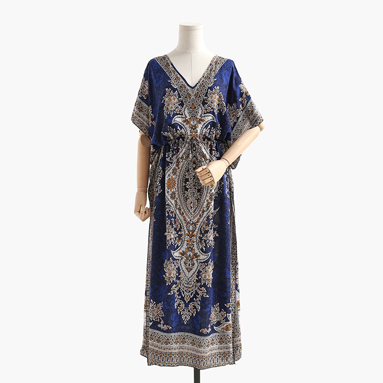 Bohemian Casual Losse Jurk Boho Vintage Etnische Stijl Lange Maxi Vrouwen Zomer Jurken India Pakistan Kleding Beach Sunny Gewaad: Deep Blue