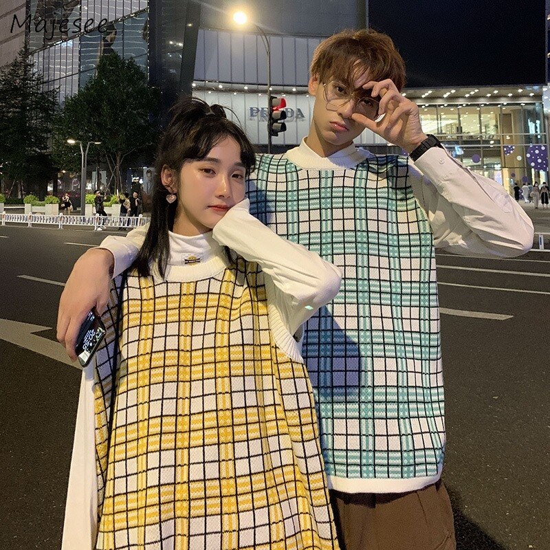 Hombres suéter chaleco otoño hombre chaleco a cuadros cuello par de Retro de coreana Ulzzang pijo Casual de gran tamaño 3XL Ins