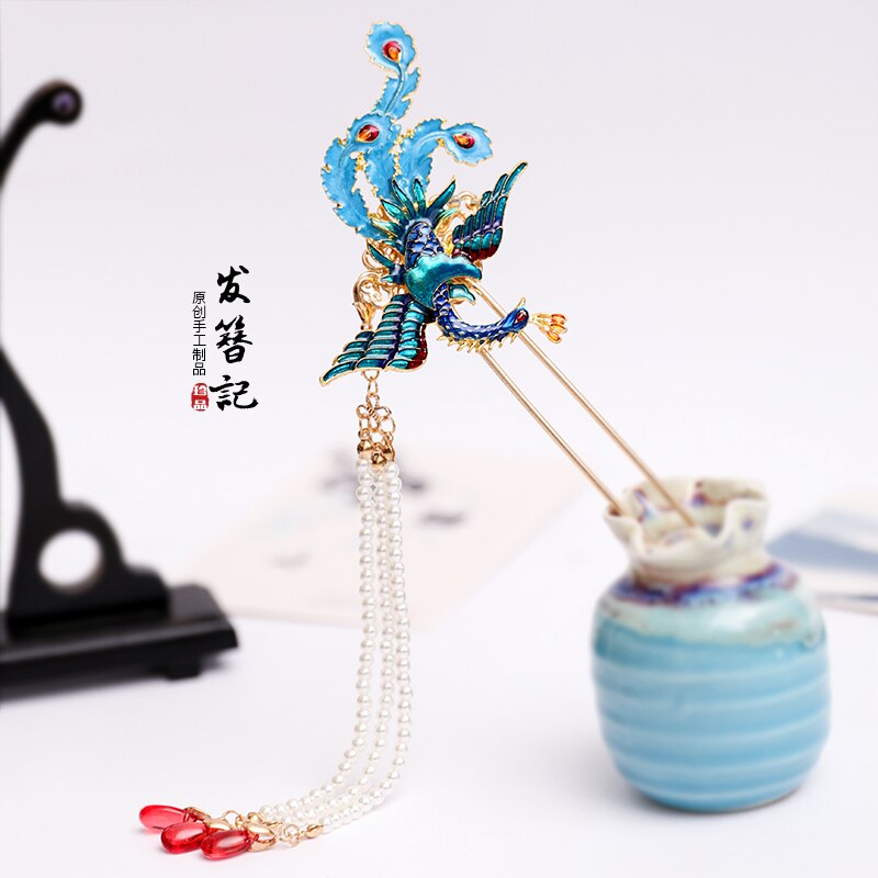 Antik cloisonne kanzashi lang kvast step shake oldgammel kostume hovedbeklædning hårnåle hårstift cosplay phoenix hanfu tilbehør