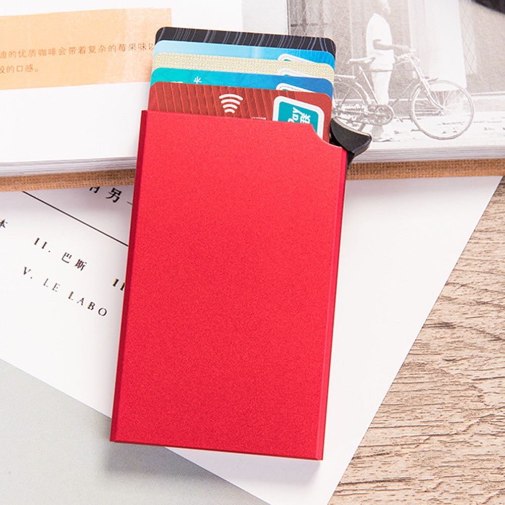 Mini Smart Wallet Purse Thin Id Card Case Rfid Anti-Theft Unisex Automatically Solid Metal Casual Bank Card Wallet Business: Red