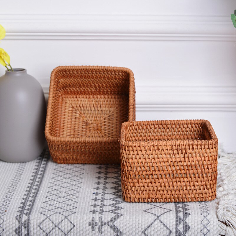 Cesta de mimbre tejida a mano, cestas cuadradas pequeñas y bonitas para almacenamiento de cosméticos, organización del hogar respetuosa con el medio ambiente, 2 piezas