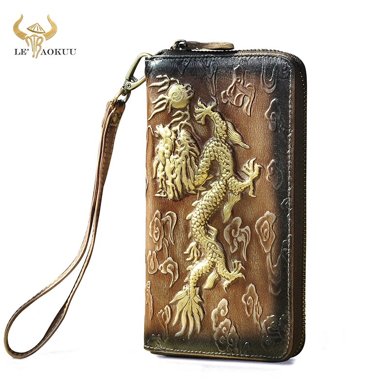 Luxury Brand Male leather Card Holder Checkbook Zipper Around Organizer Wallet Purse Clutch Handbag 1016: c-coffee-dragon