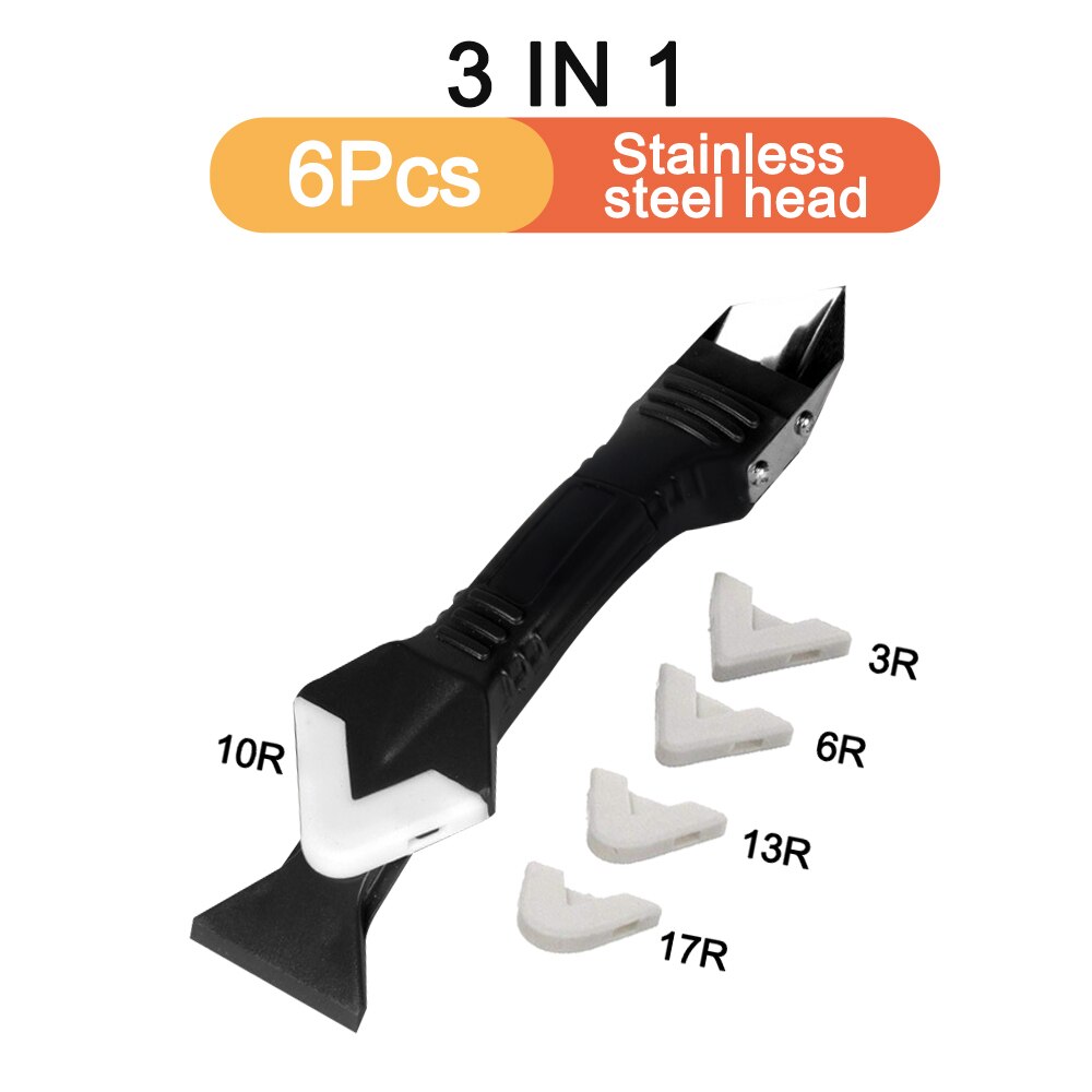 3 In 1 Silicone Sealant Remover Tool Scraper Caulk Mould Smooth Peel Finisher Scraper Grout Removal Useful Hand Tool Kit Set: 6Pcs Stainless Head