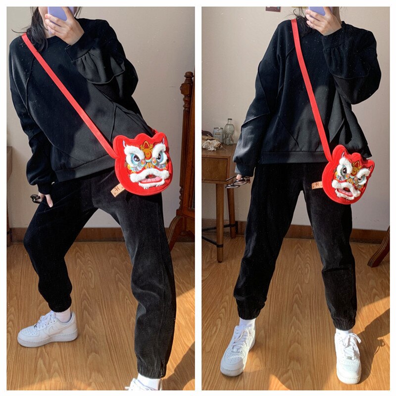 Creatieve Multifunctionele Pluche Rode Portemonnee Jaar Gunstige Pop Leeuw Dans Chinese Stijl Rugzak Messenger Bag
