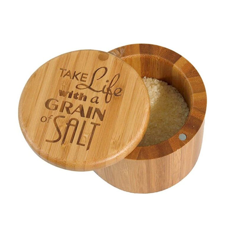 Bamboo Wood Spice Storage Box with Round Swivel Lid Cover Natural and Eco-Friendly Salt Condiment Jar for Chili Curry Sugar