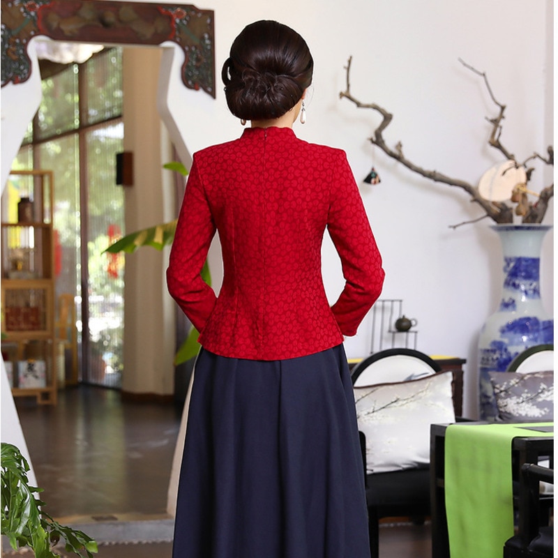 Chinese Style Long Sleeve Cotton Blouse Navy Blue Chinese Shirts Retro Qiapo Tops Female Classic Chinese Clothes