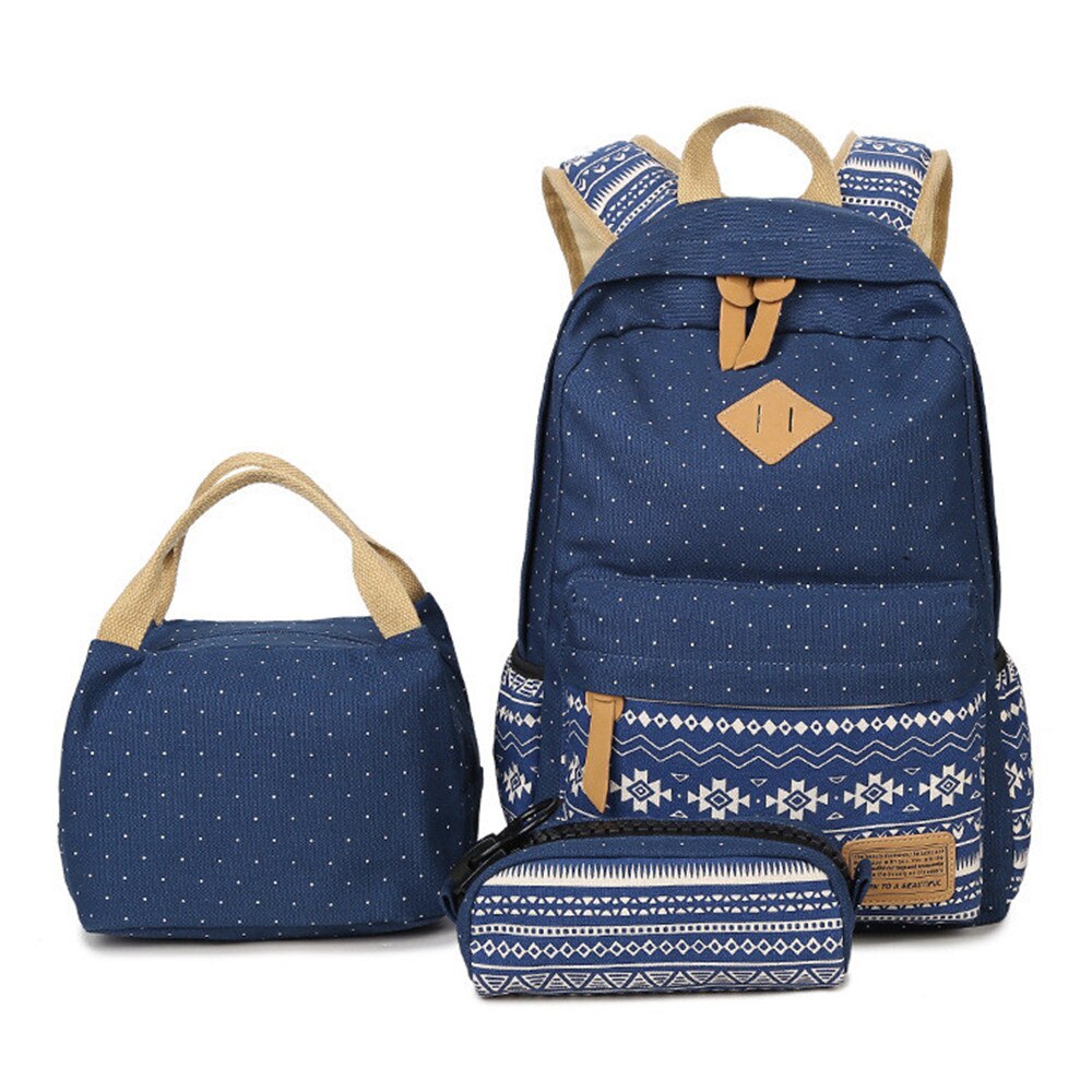 3 in 1 rugzak junior high schooltas canvas stippenprint tienermeisjes lichtgewicht laptoprugzakken met geïsoleerde tas + etui: Stip donkerblauw