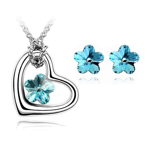 Kristal Bloem Hart Hanger Sieraden Set Leaf Ketting Oorbellen Party Minnaar: oceanblue