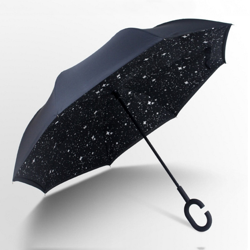 Paraguas plegable inverso resistente al viento, paraguas para hombre y mujer para lluvia y sol, paraguas con mango en C invertido, soporte autónomo para Anti UV de doble capa