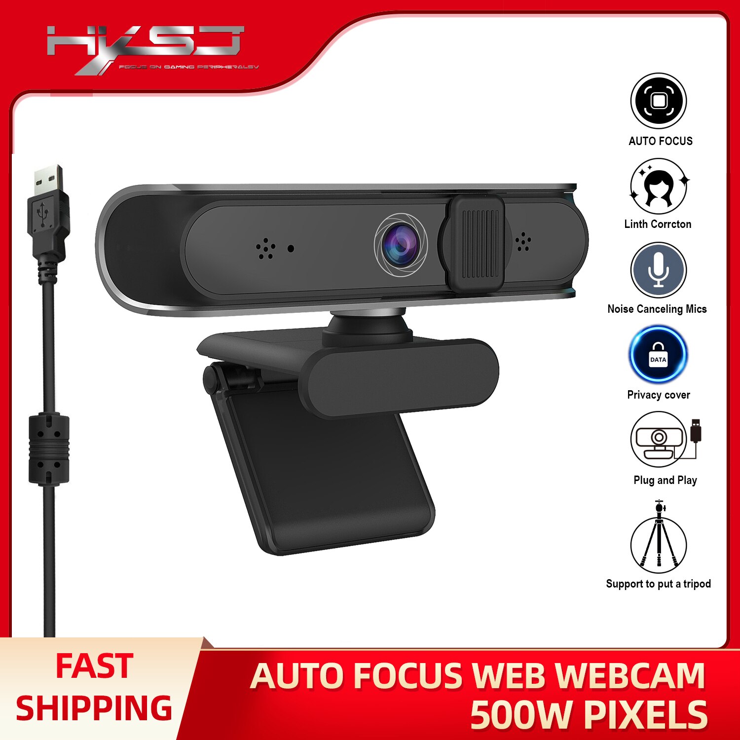 Hd Usb Computer Web Camera 5MP Snelle Autofocus 30FPS Webcam Dual Mic &amp; Cover, voor Obs/Gaming/Zoom/Skype/Facetime/Teams