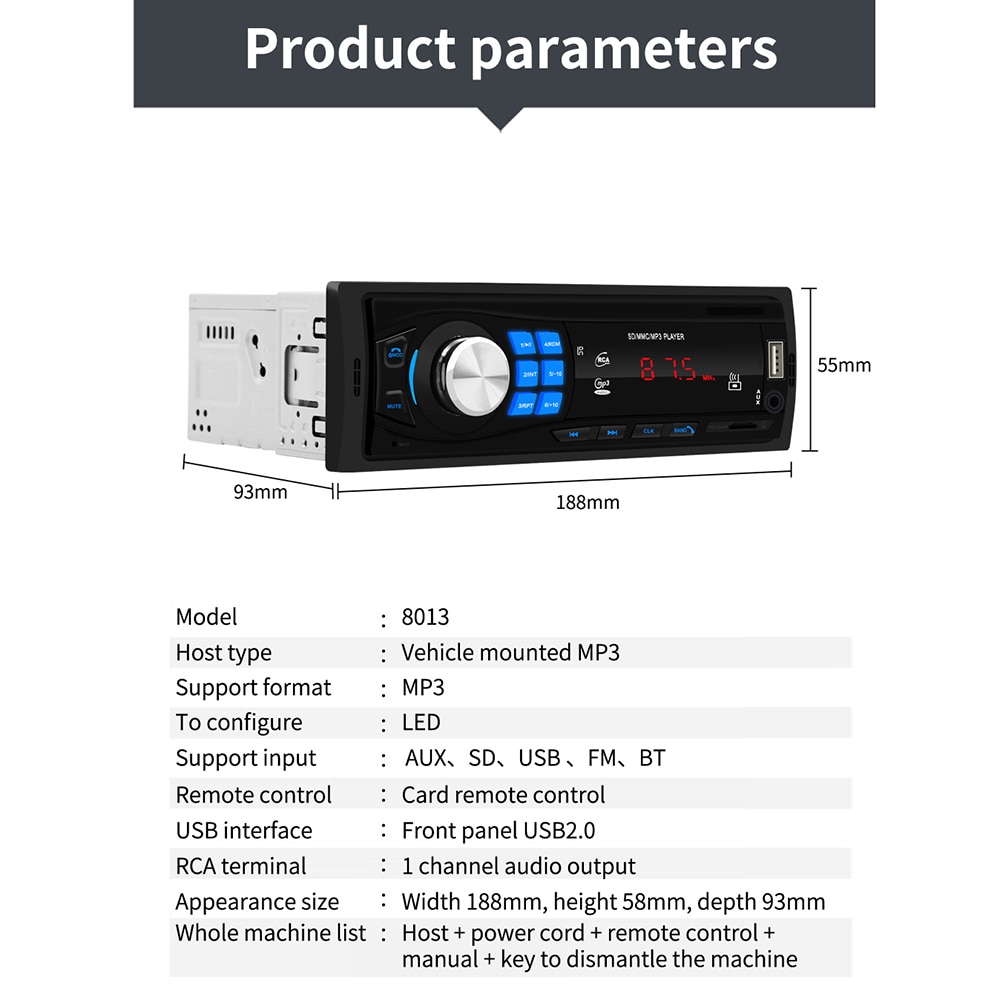 1 DIN Car Stereo MP3 Player Single Car Stereo MP3 Player In Dash Head Unit Bluetooth USB AUX FM Radio Receiver for Toyota ford