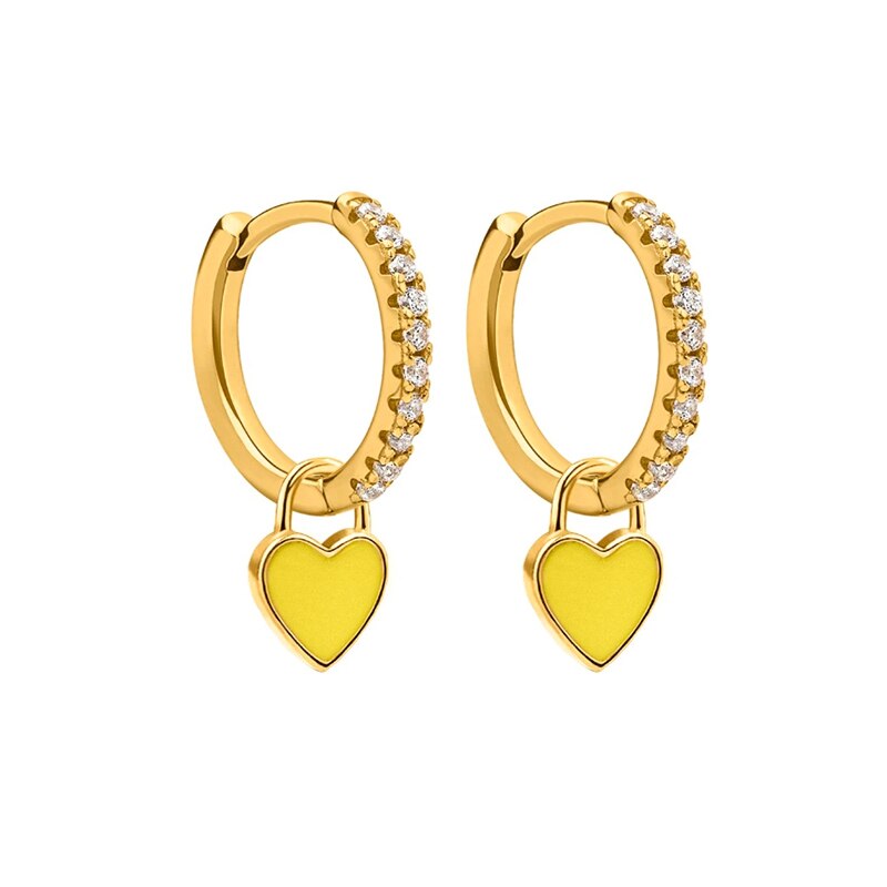 GS 925 Sterling Silver Hoop Earrings With Cute Candy Neon Color Enamel Heart Charm Earring Gold Silver Color For Girls: gold-yellow