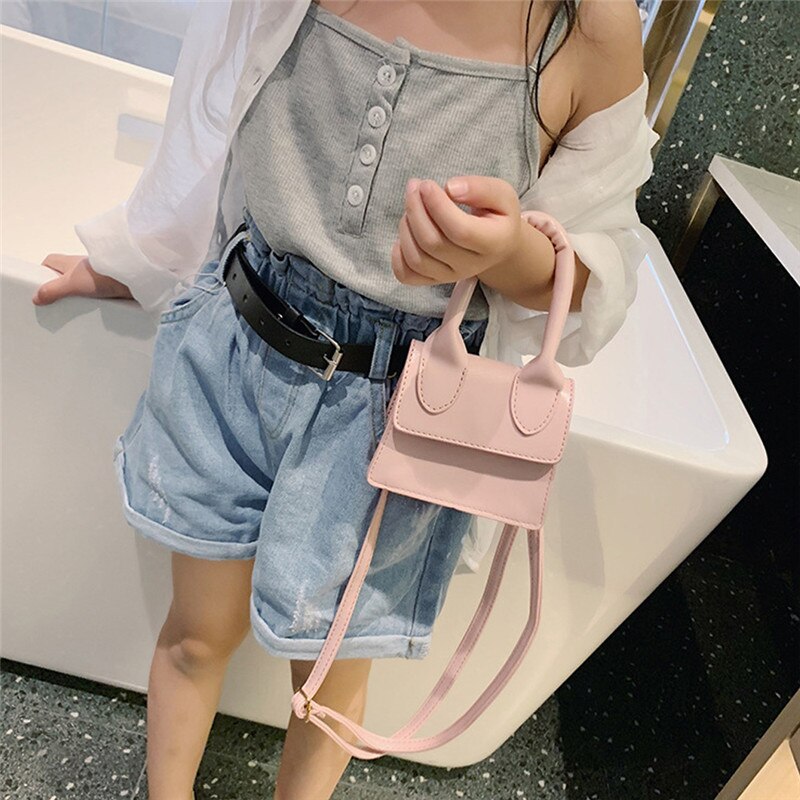 Newest Simple Flap Shoulder Pu Leather Bags For Girls Pure Color Mini Messenger Chest Bags Kids Girls Cross Body Handbags: Pink