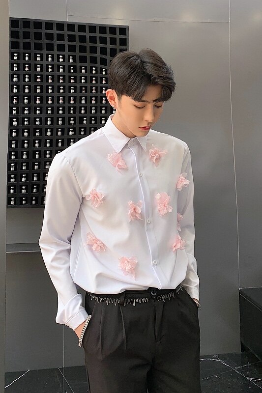 Men's White Shirt with Pink Flowers Decoration Stylish Shirts Long Sleeve Applique M-XL
