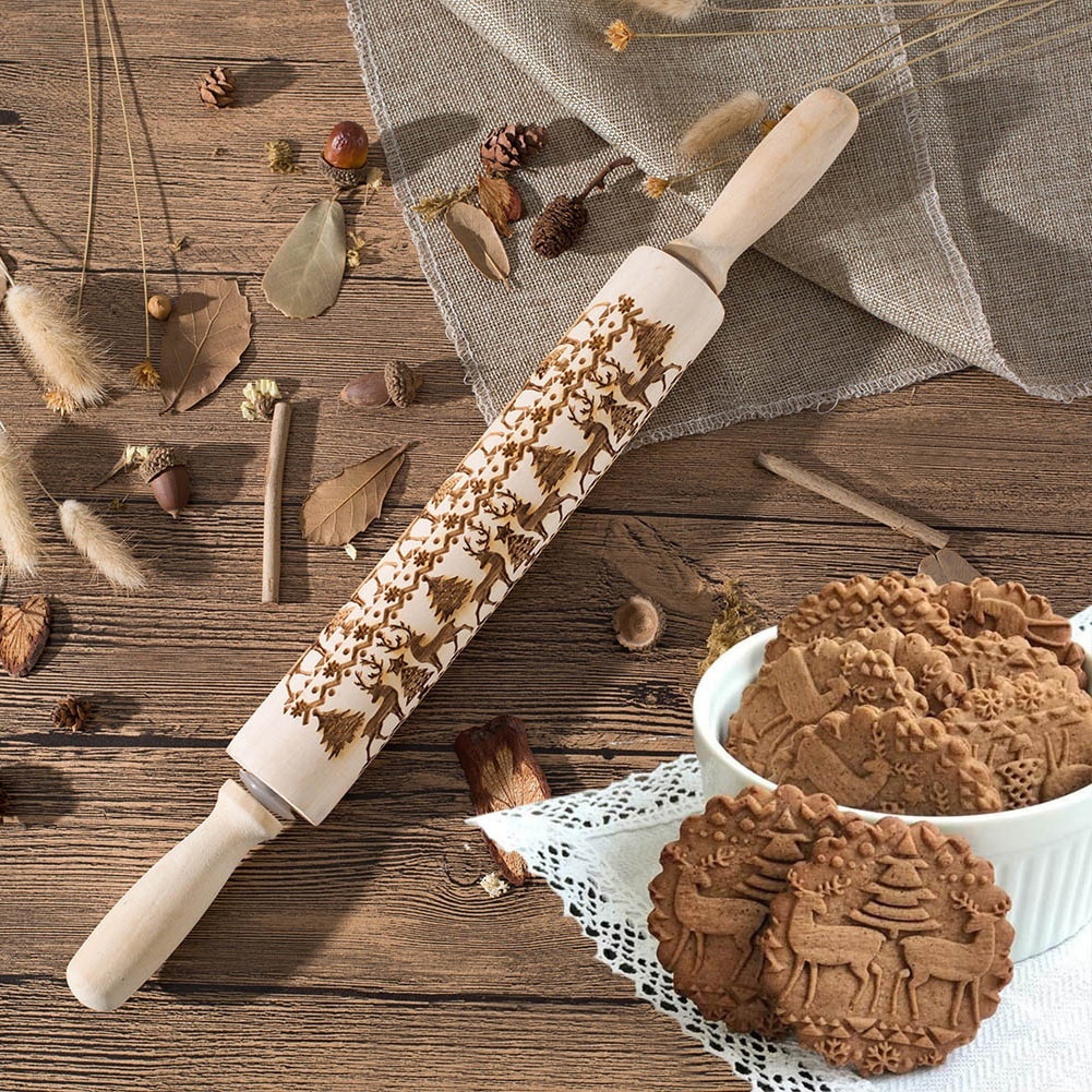 Kerst Embossing Rolling Pin Baking Cookies Biscuit Fondant Taart Deeg Gegraveerd Houten Roller Kerstboom Elanden Sneeuwvlok