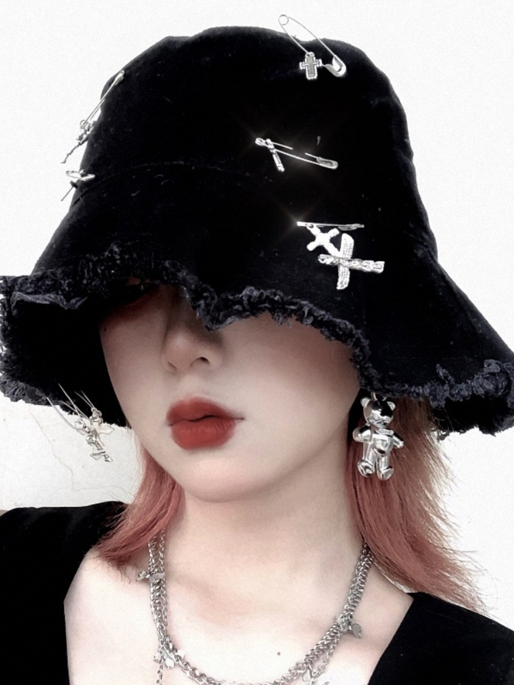Harajuku Women Punk Cross Decorative Fisherman Hat Sun Hat Gothic Girls Hat Unisex Hip Hop Y2K Canvas Hat