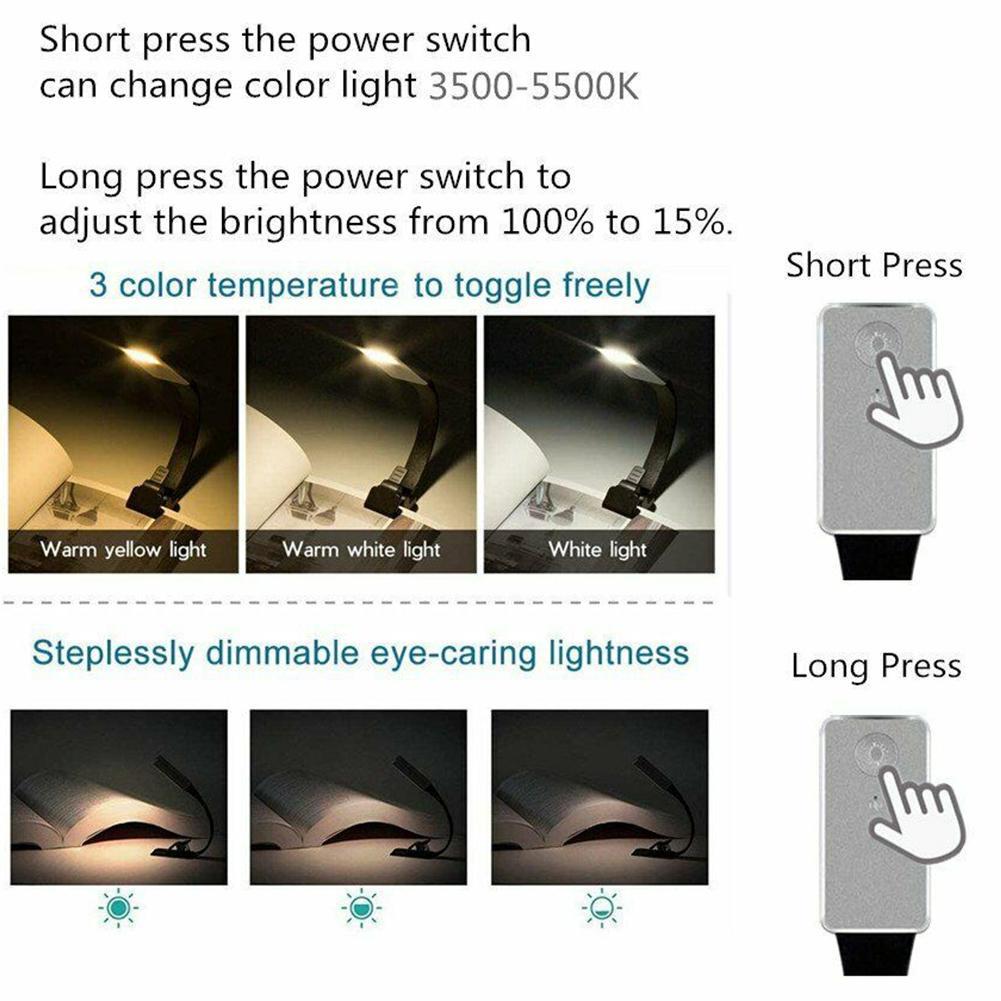 USB Rechargeable LED Book Light Flexible Clip On Book Night Light For Reading Brightness Adjustable Learning Lamp