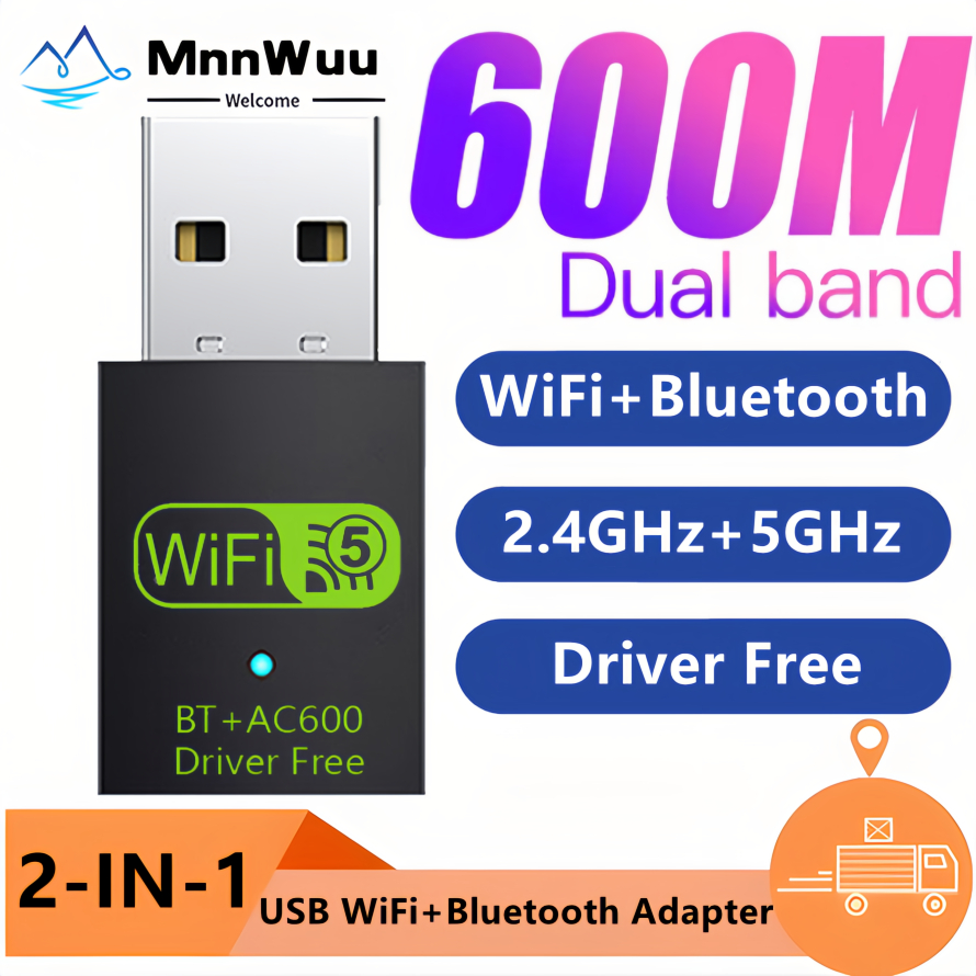 Adattatore Bluetooth WiFi USB 2 in 1 Adattatore dongle WiFi USB dual band da 600 Mbps Adattatore USB Bluetooth Scheda di rete wireless per PC
