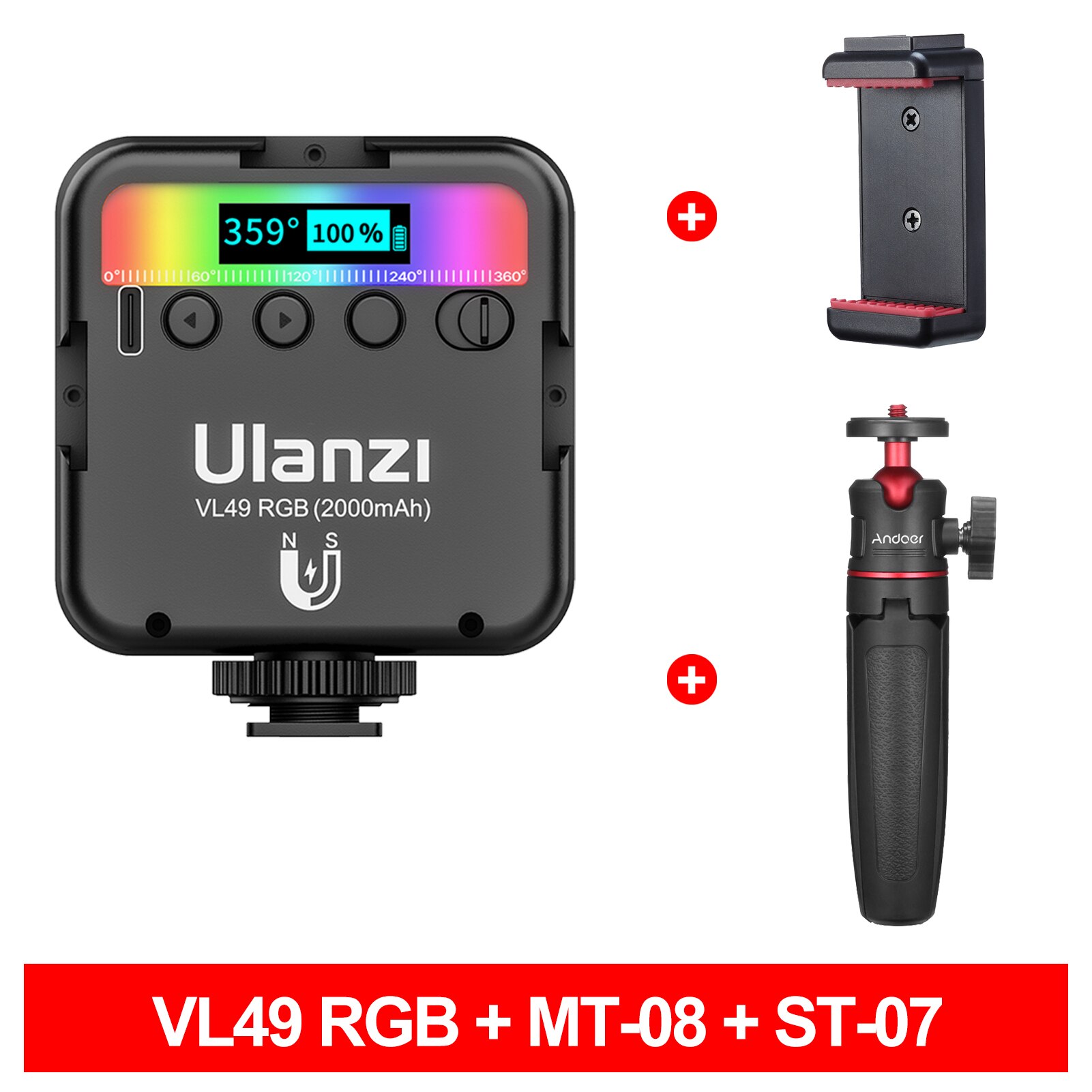 Ulanzi VL120 RGB Compact Video Light with Display Screen Diffuser Mini Camera RGB Light Smartphone Selfie Lighting 3100mAh: VL49 RGB Tripod Kit