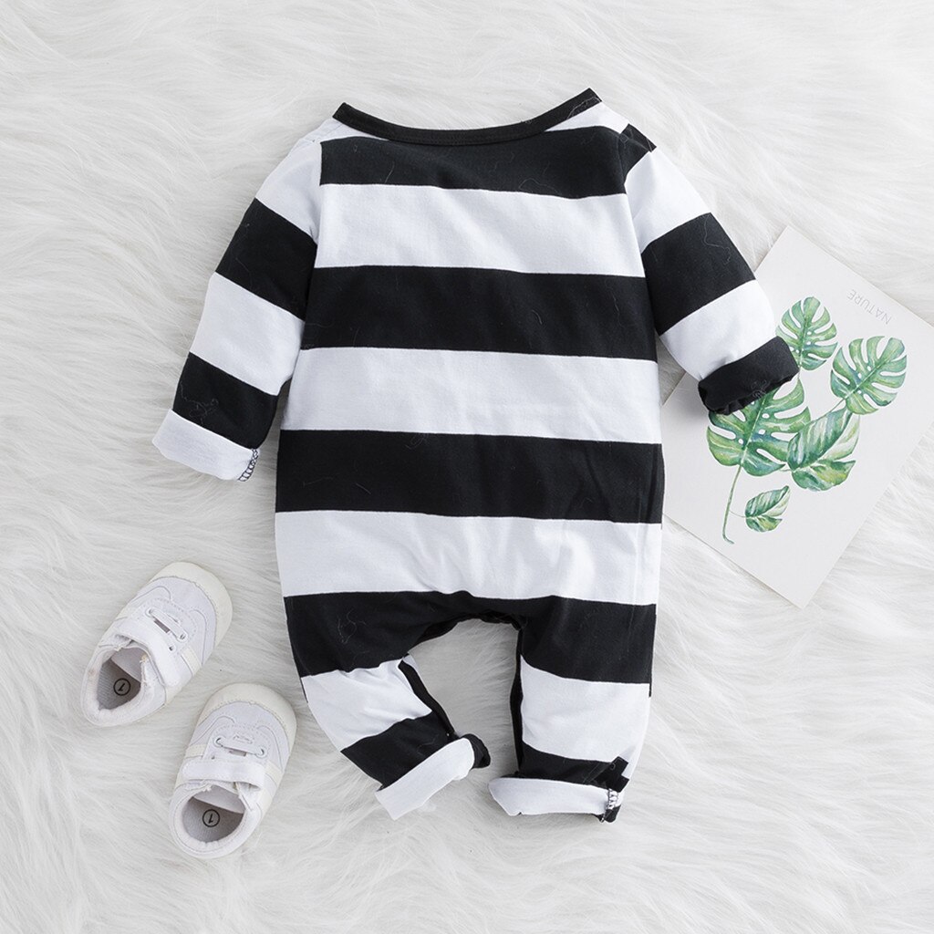 New Baby One Piece Manga Comprida Preto e Branco Listrado Bolso Romper Macacão Preto clássico menino roupas для новорожденных 50 *