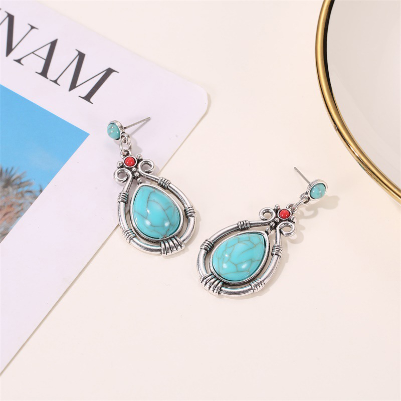 Modyle Vintage Tibetischen Silber Natürliche Türkisen Verkrustete Ohrring Blau Stein Wasser Tropfen Baumeln Ohrringe für Frauen Boho